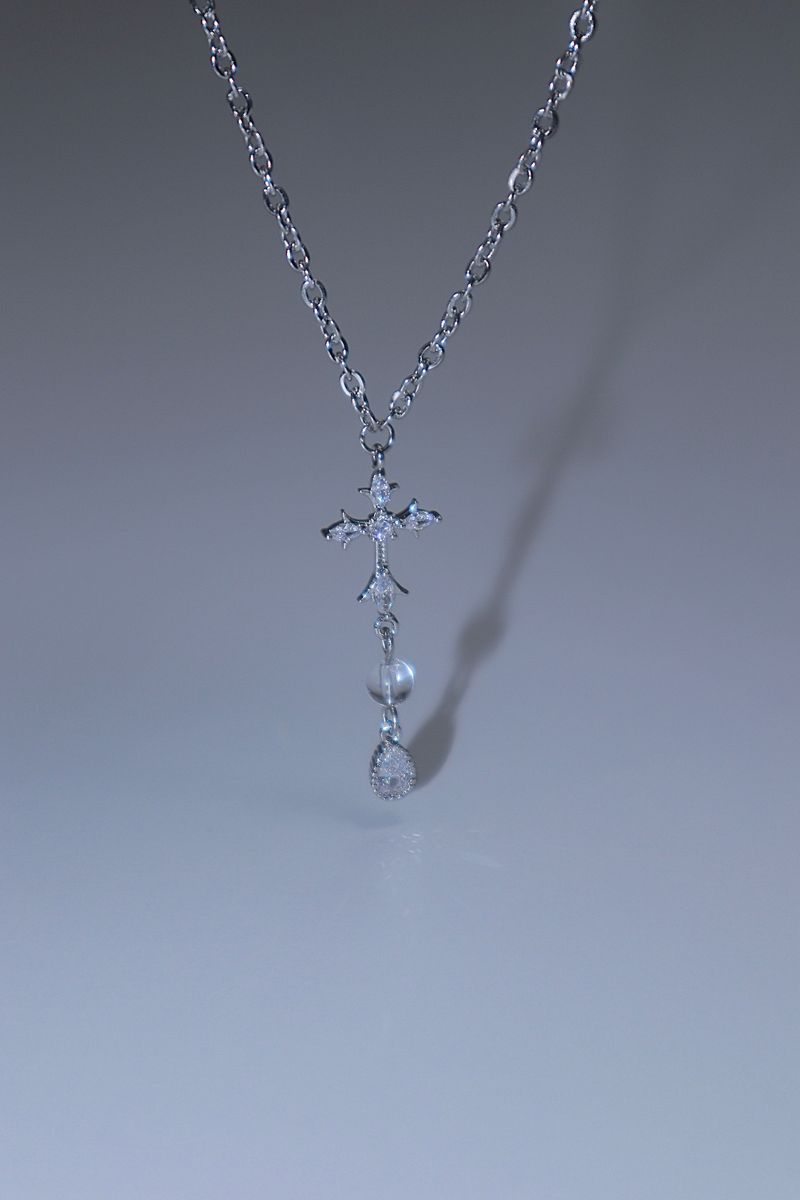 cross water drop transparent gemstone necklace