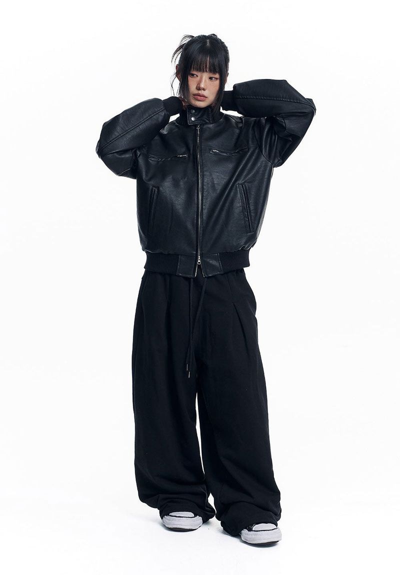 High Neck Leather Crop Jacket - Black
