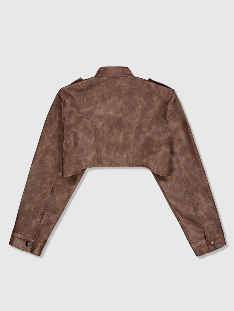 Leather Crop Cargo Jacket (Brown)