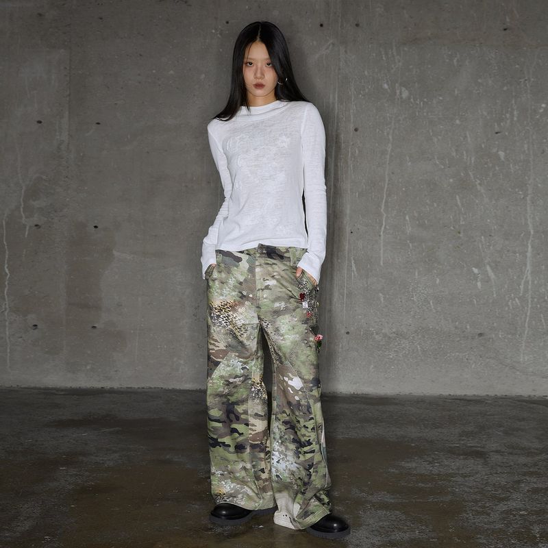 Camouflage leopard print split design loose straight trousers