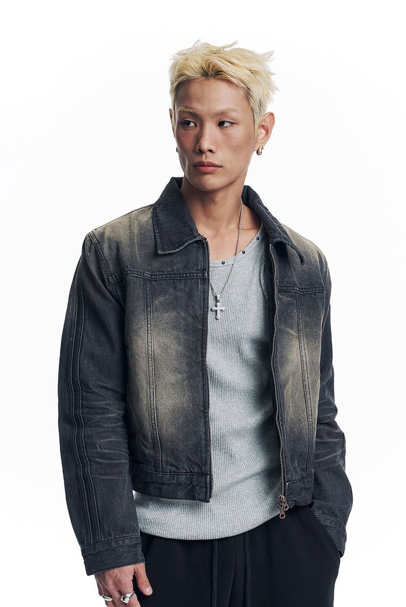 Washed Crop Track Denim Jacket - Black