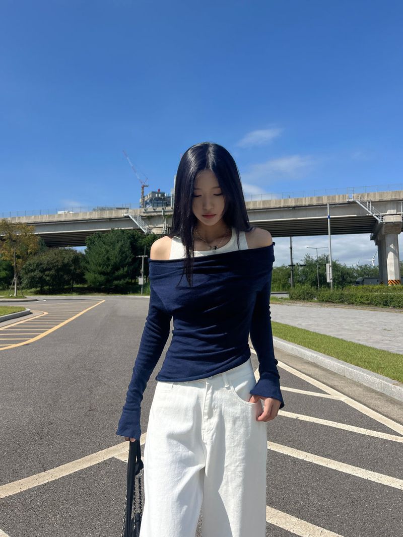Layered shirring off-shoulder solid long sleeve knit top (3 colors)