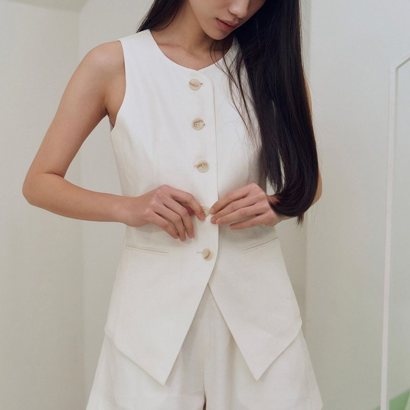 Tailored Linen Blended Vest_Ivory