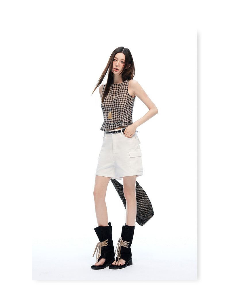 Mid Rise White Cargo Wide Leg Bermuda Shorts