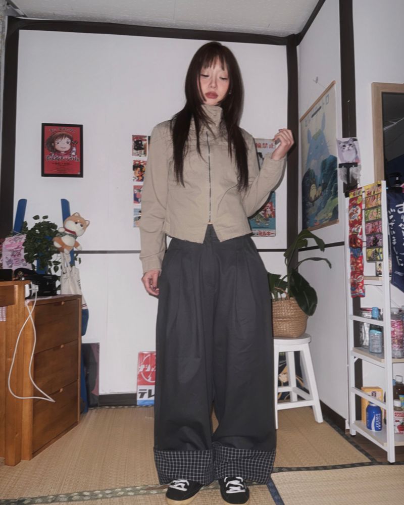 (3color) Check Roll-Up Wide Pintuck Pants
