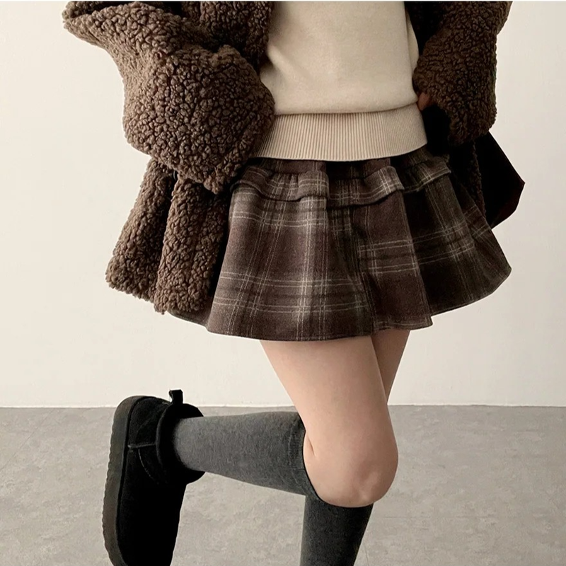 Elt 2-Layer Check Flared Banding Miniskirt