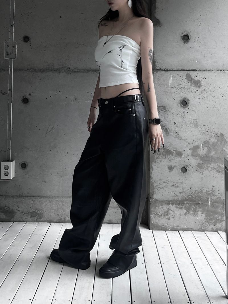 [unisex] side buckle leather wide pants