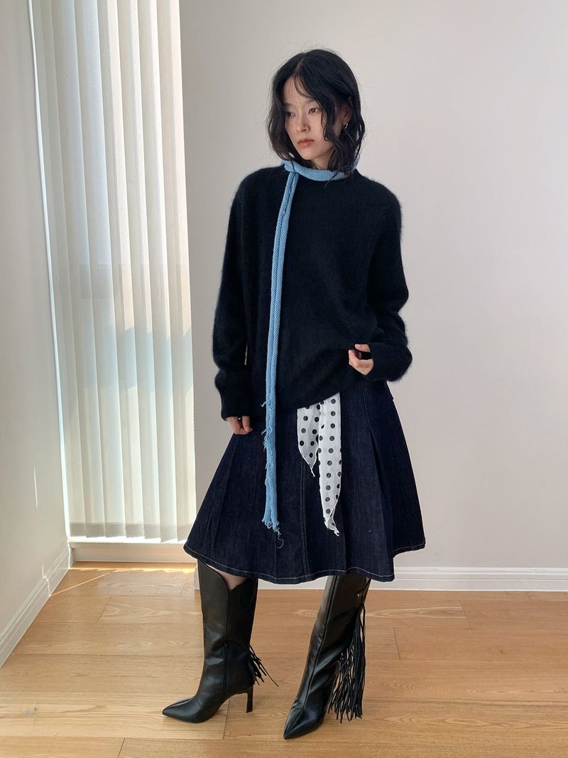 Dark blue raw cotton flared pleats midi skirt