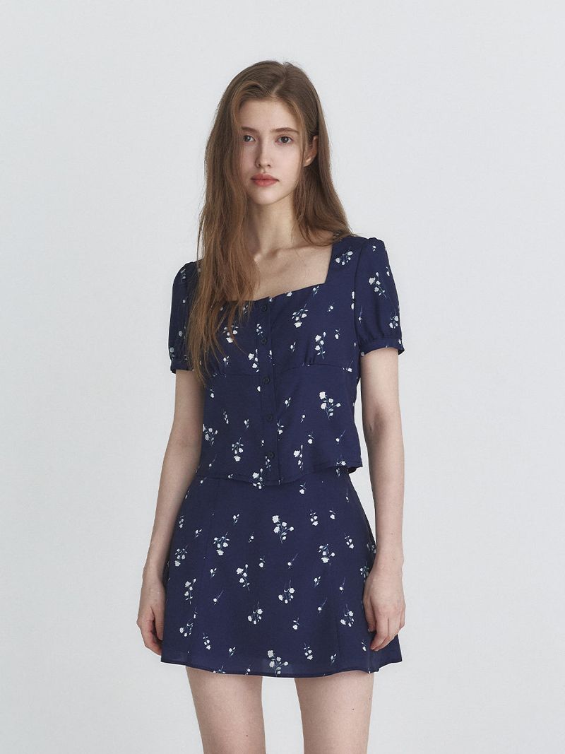 Floral flare skirt (Navy)