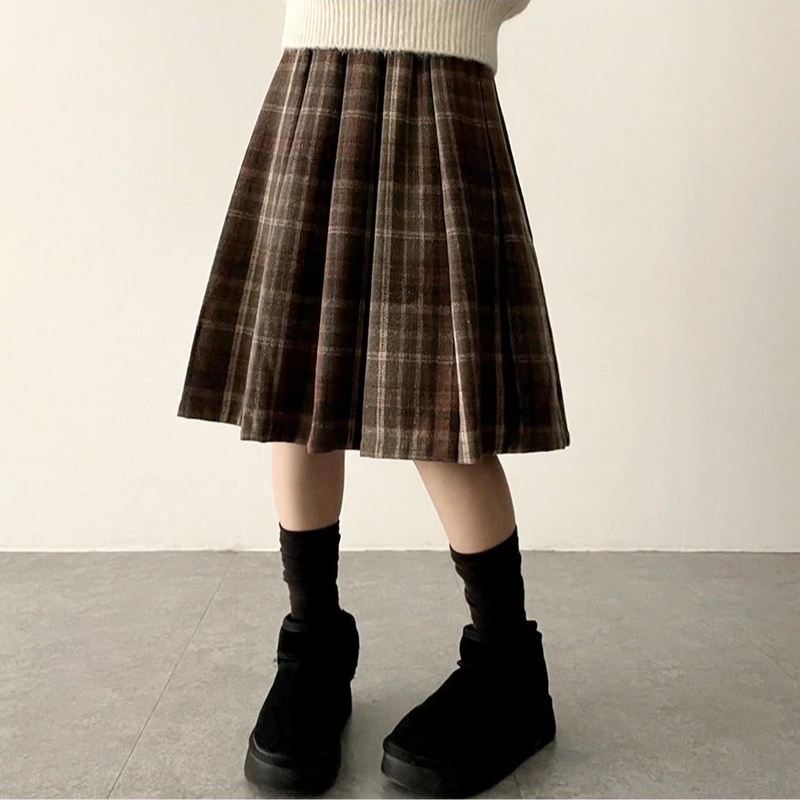 Dotten Check Woolen Pleated Midi Skirt