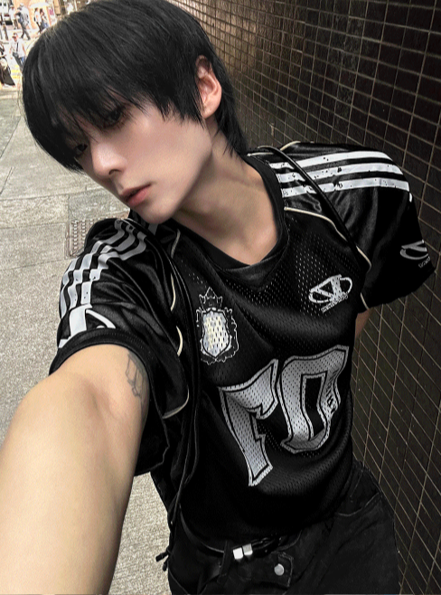 Matte Black & Silver White Mesh Track Short-Sleeve Tee