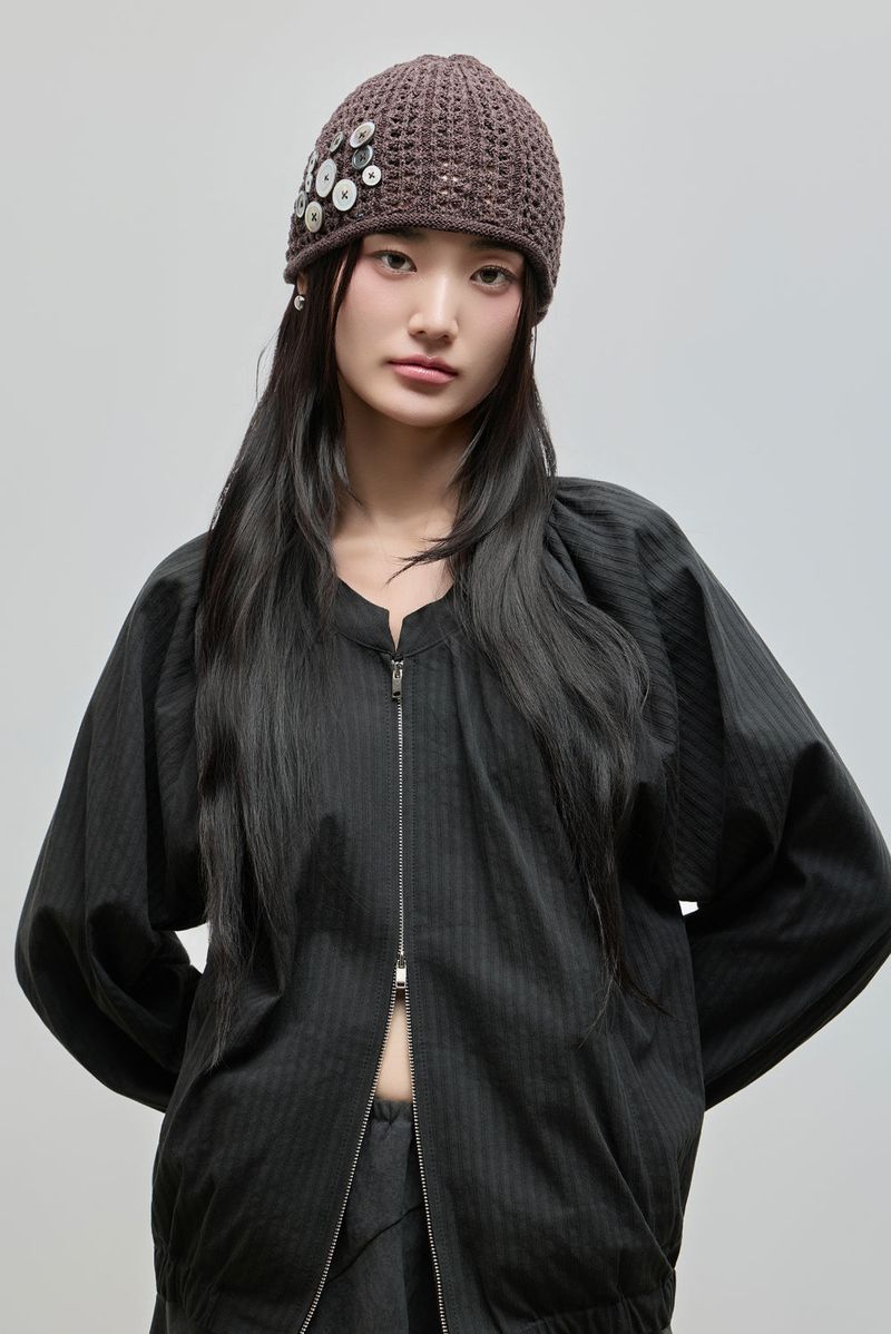 Shirring Zip-up Blouse Jumper_Black
