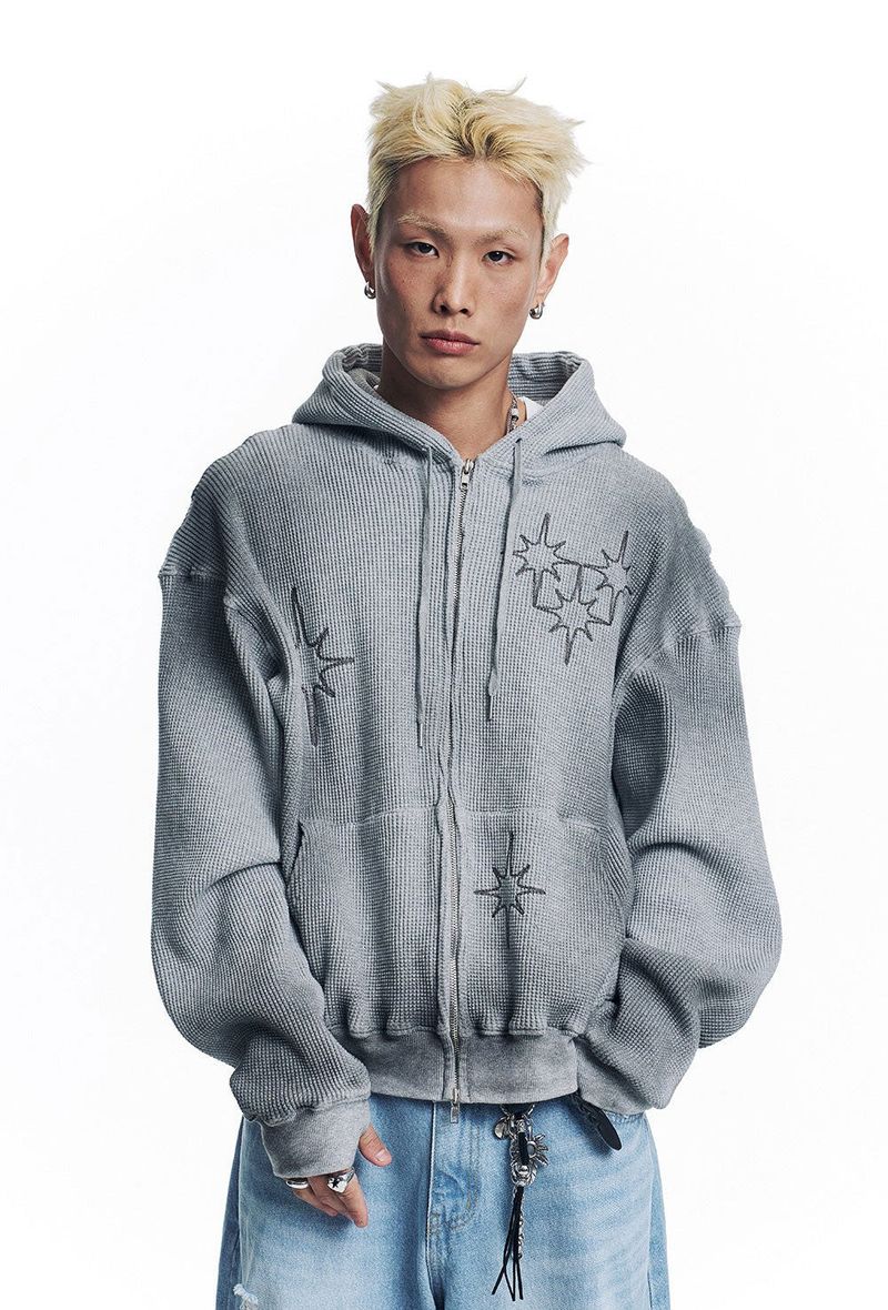 Washed Star Waffle Hooded Zip-Up - Grey