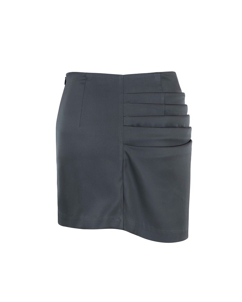 Satin Draped Slit Mini Skirt _ Dark Grey