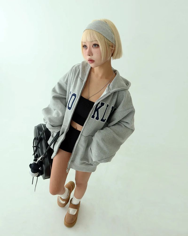 [UNISEX] Lettering Patch Two-Way Oversized Hoodie Zip-Up
