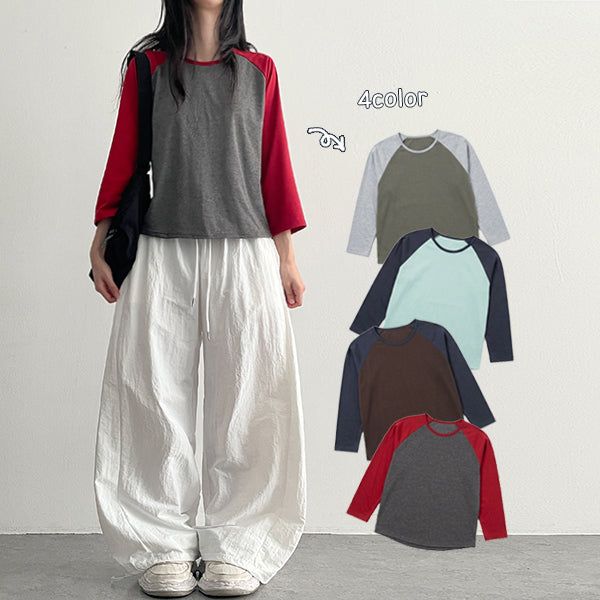 hijjoo（ハイチュー）の「ラグラン カラーブロック ロングスリーブ、ラウンド 3/4 ラグラン ロングスリーブ (4 colors)（トップス）」