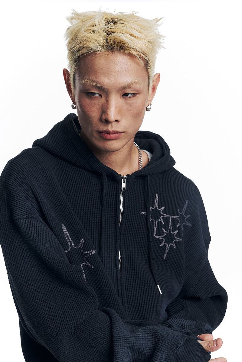 Washed Star Waffle Hooded Zip-Up - Black