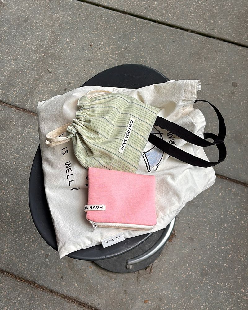 Pattern string pouch - mint stripe , M size