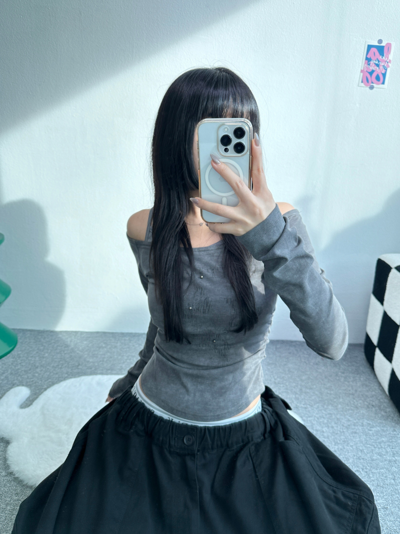 STUD SHIRRING TANK LAYERED SLIM LONG SLEEVE🤎🩶 - 2 COLORS