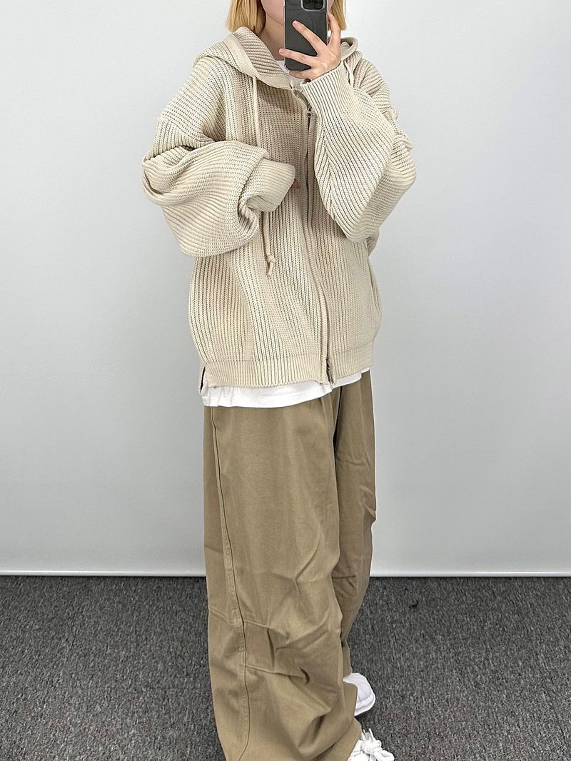 Warm hooded knit zip-up