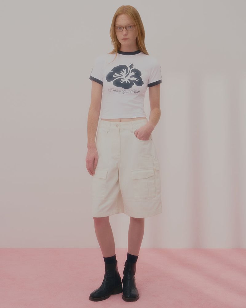 ALOHA FLOWER RINGER CROP TSHIRT-WHITE