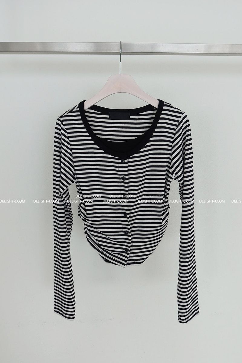 Stripe Layered Shirring Cardigan