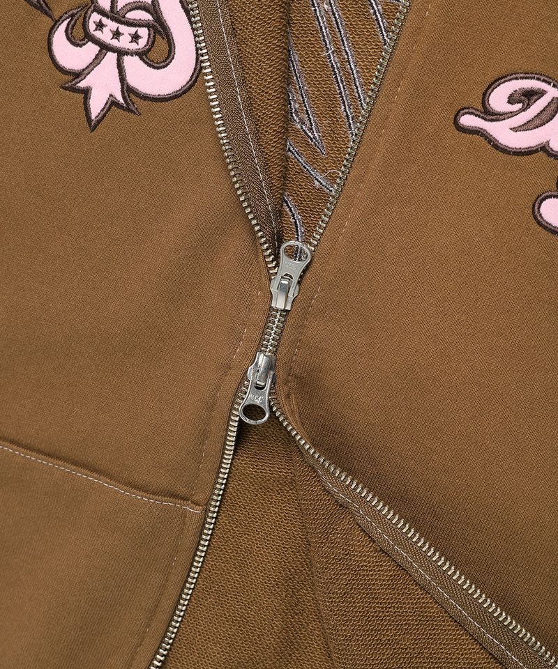 DAMAGED APPLIQUE ZIP UP HOODIE BROWN(CV2EFUM481A)