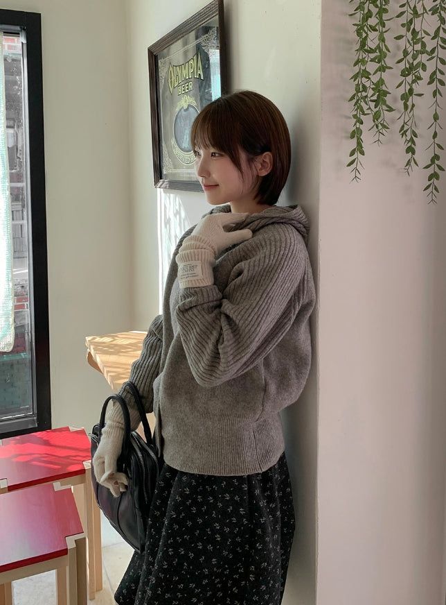 Higanne High Neck Angora Hood Knit Cardigan