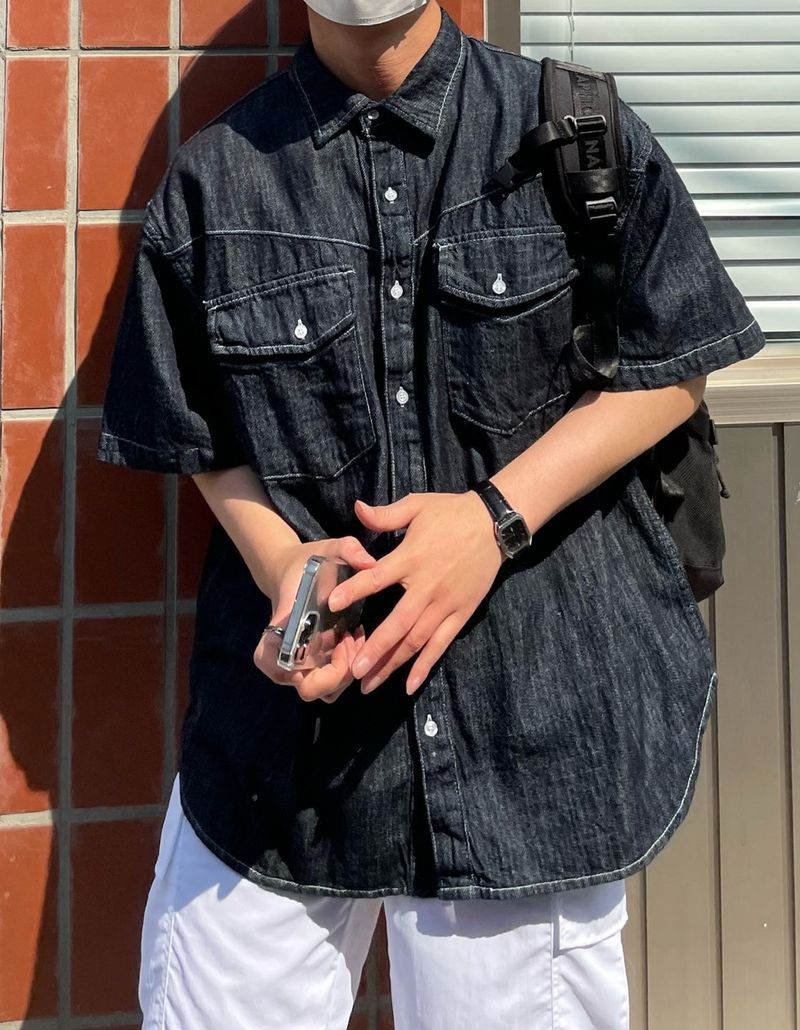LINEN WESTERN DENIM HALF SHITRS(2COLOR)