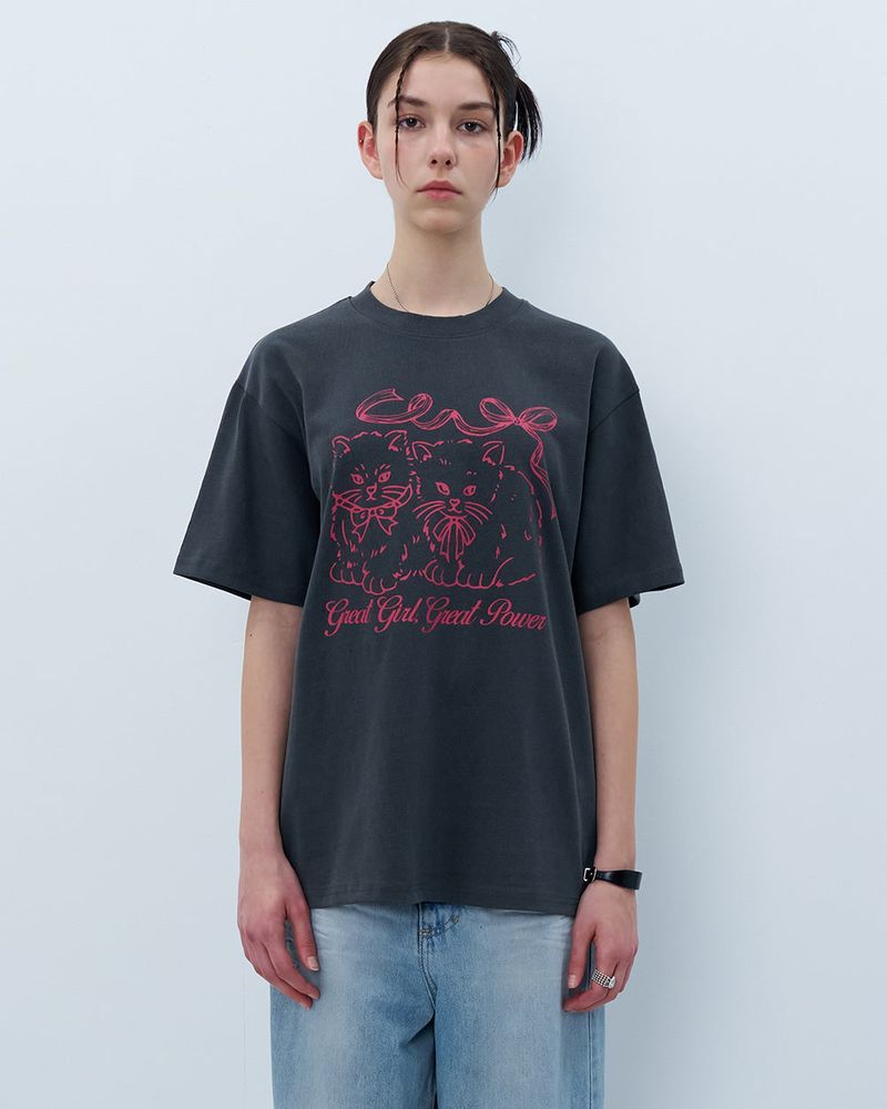 RIBBON CATS TSHIRT-CHARCOAL