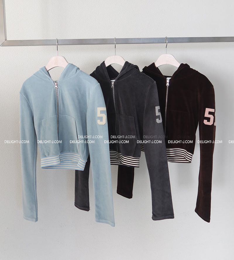 Patch Velvet Slim Hoodie Zip-Up
