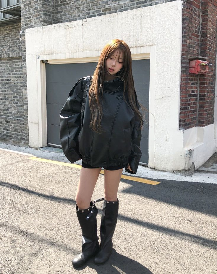 Saint High-Neck Unbalanced Leather Jacket