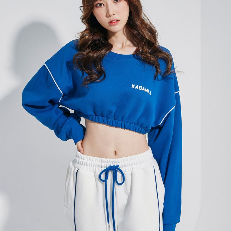 Oversize Line Point Crop Sweat shirt Blue