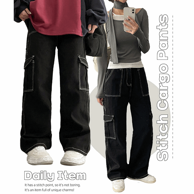 hijjoo（ハイチュー）の「Zach waist bendable stitch black cargo pants（Pants）」