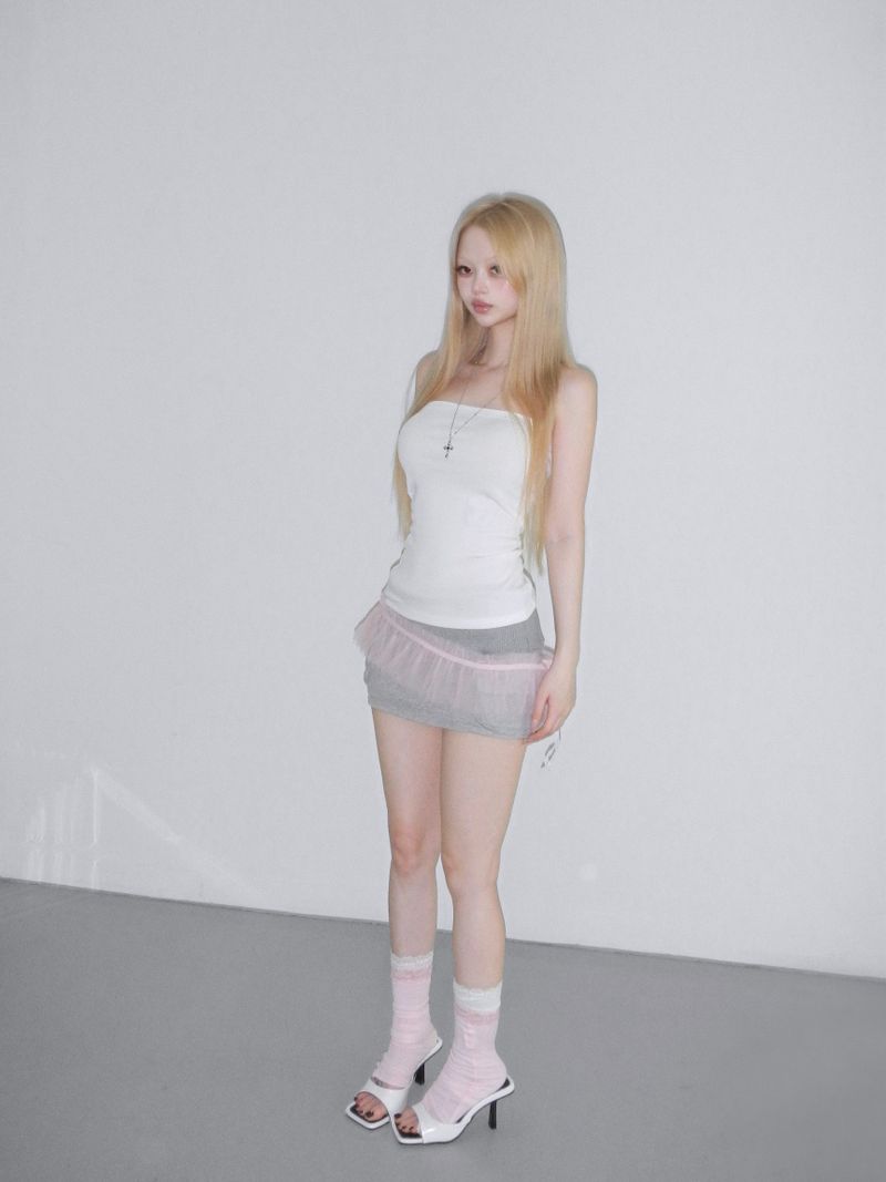 pleats mesh shirrin  top(3 color) 