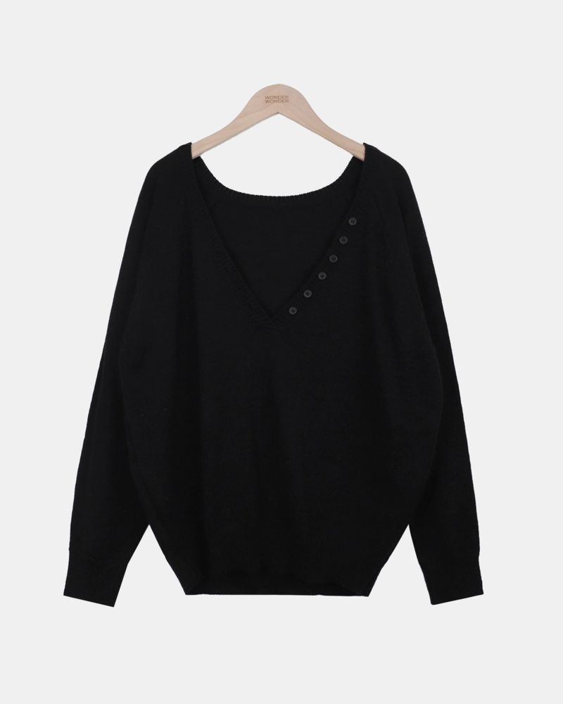Chemin Button Deep V-Neck Long Sleeve Knit