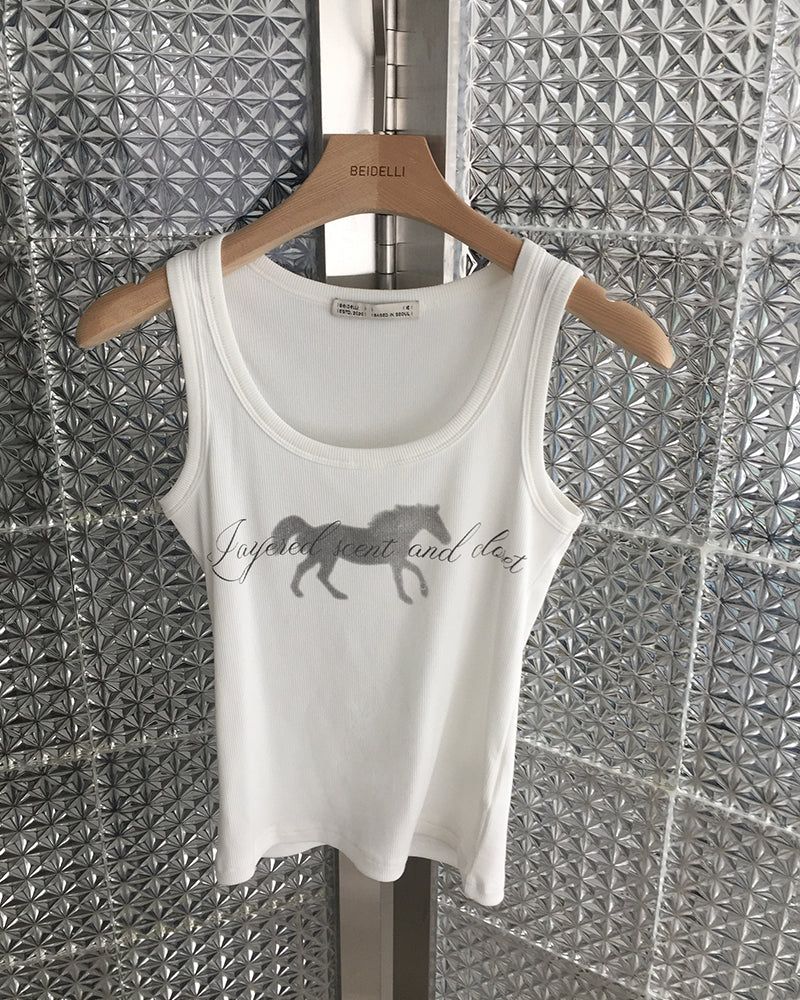[ORIGINAL] Ash U-neck Lettering Ribbed Sleeveless