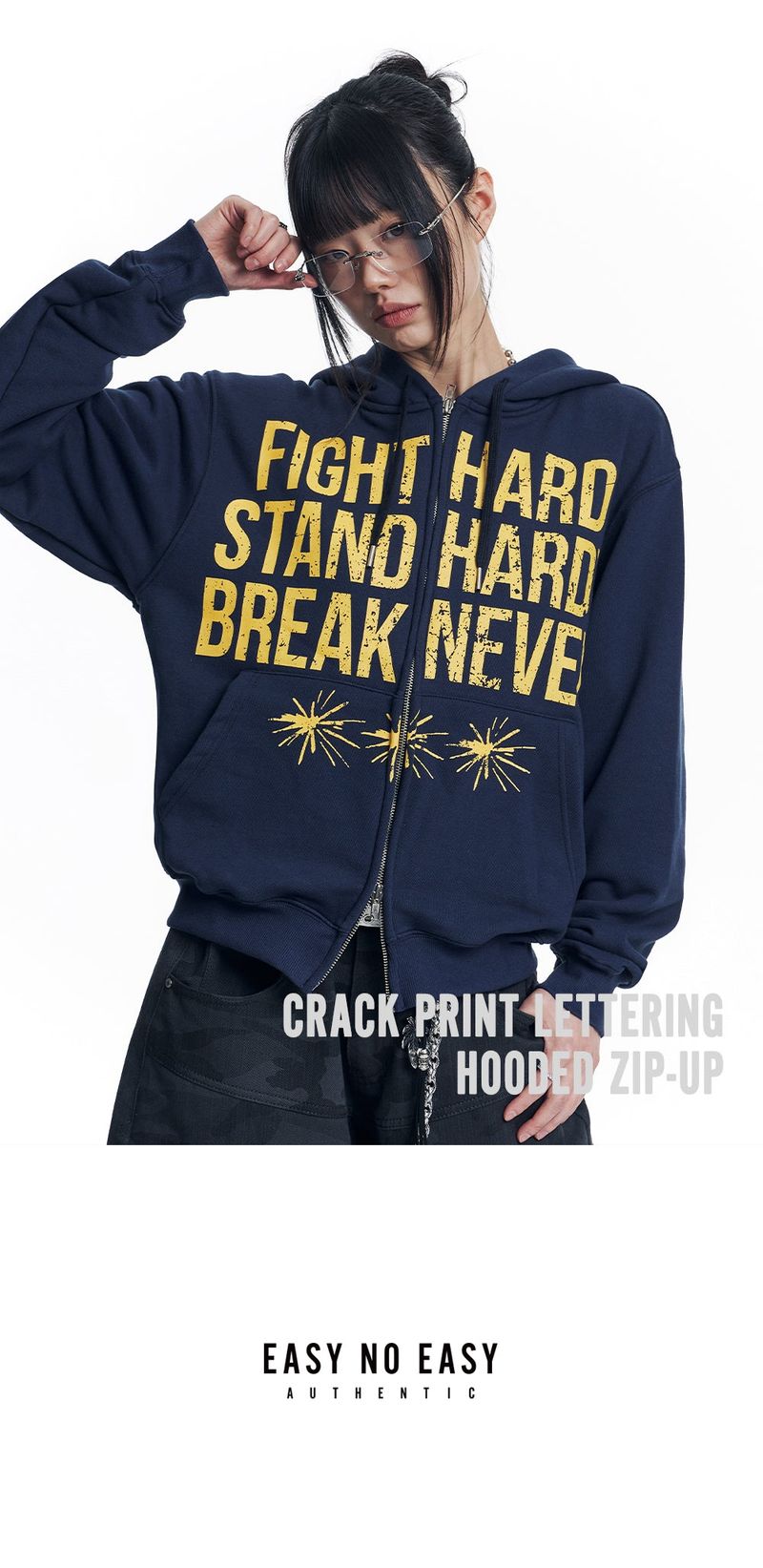 Crack Print Lettering Hooded Zip-Up - Navy