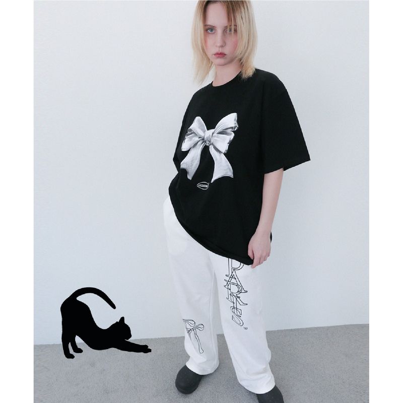METALLIC RIBBON T SHIRT - BLACK