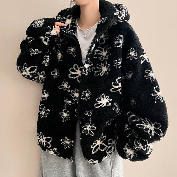 Flower Oversized Dumble Hood Zip-Up Jumper