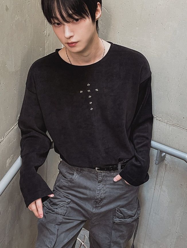 Crossing Rivet Ribbed Long Sleeve