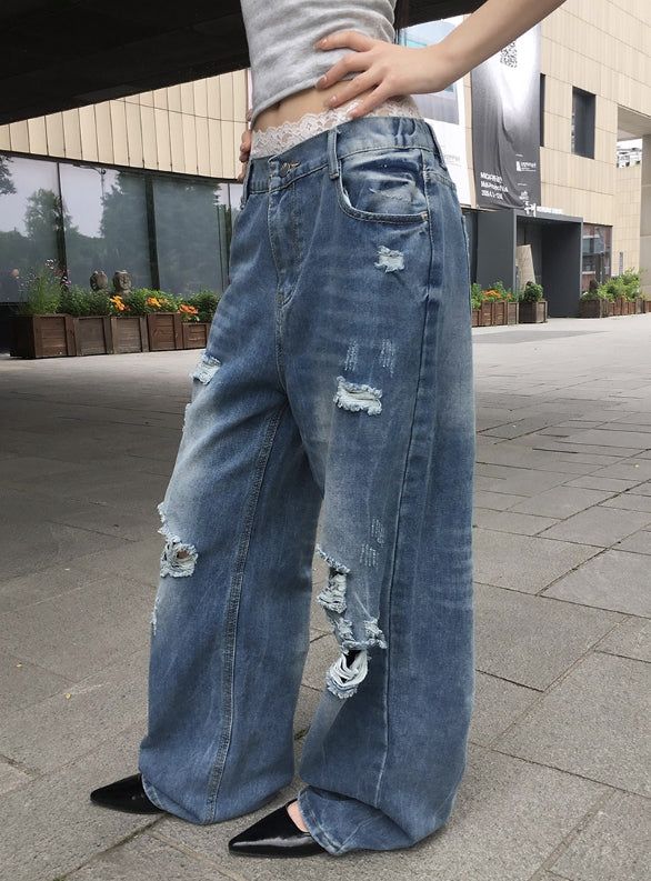 Redo Damage Washing Wide Denim Pants