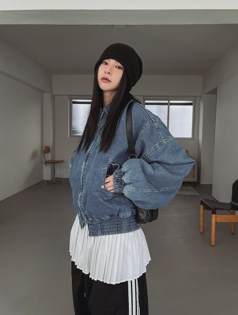 Kanto incision denim two-way quilted flight jumper