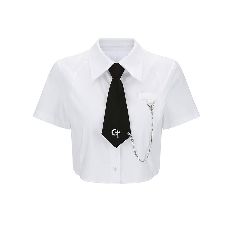 0 1 necktie chain half shirt -WHITE