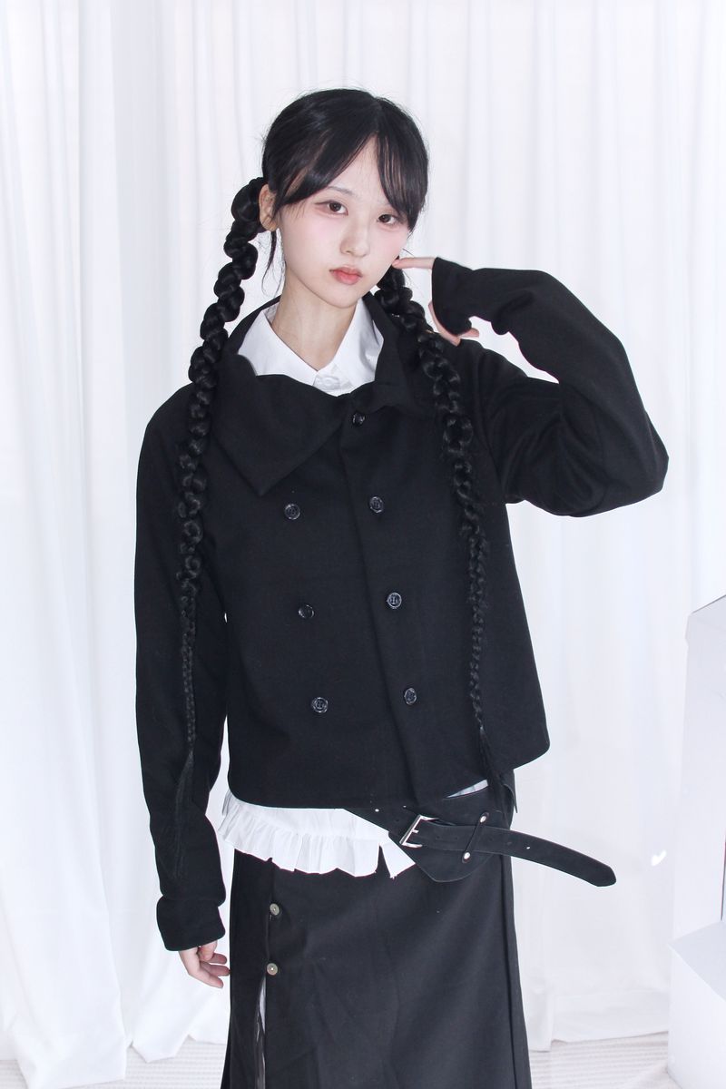 unbalanced diagonal collar double short jacket