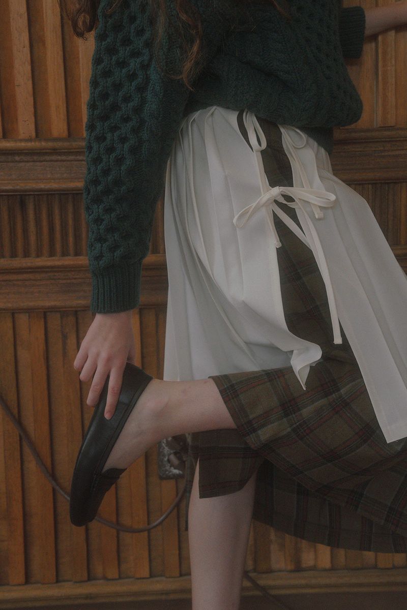 Falling long skirt_check brown