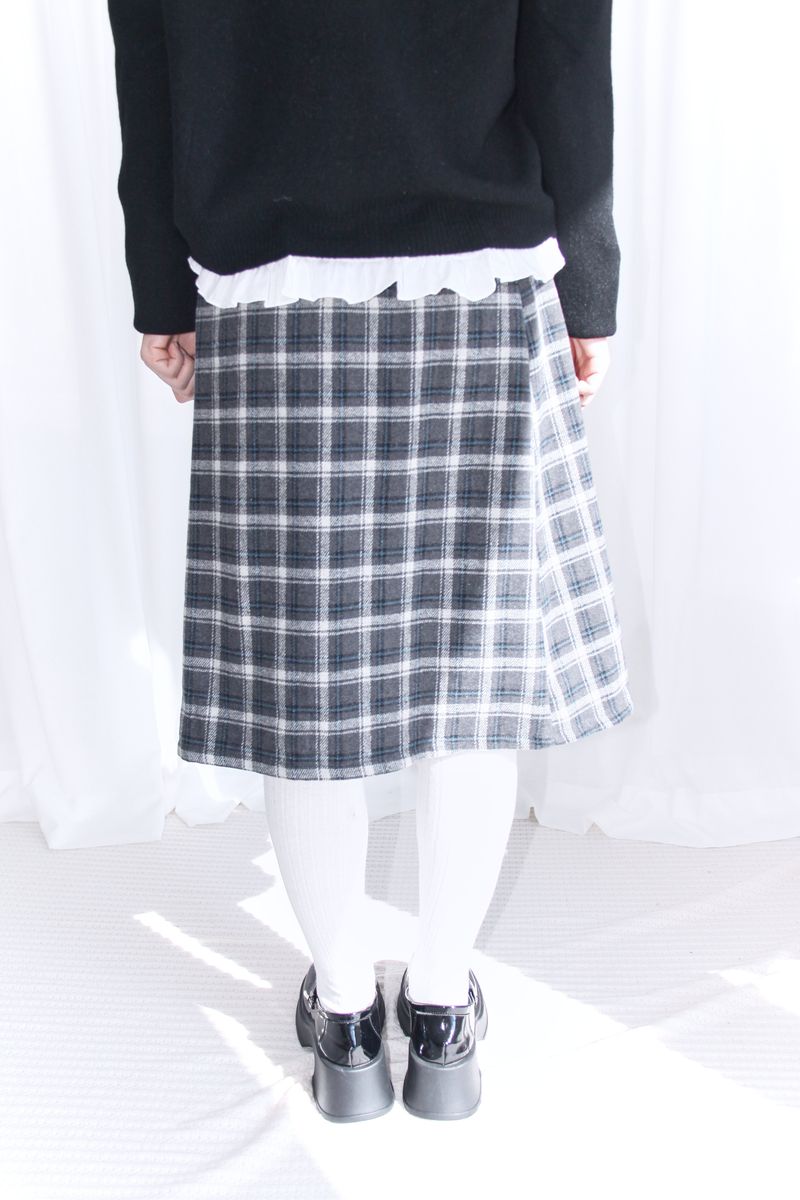 wool banding checkered midi skirt