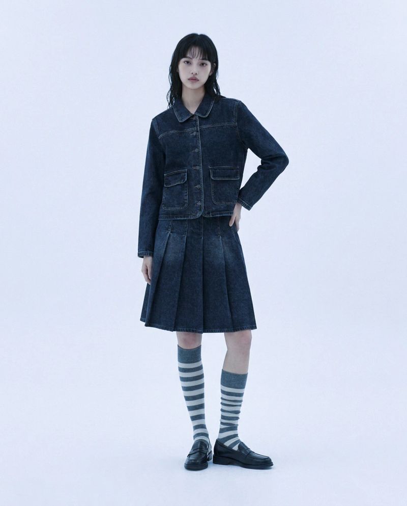 STITCH DENIM PLEATS MIDI SKIRT