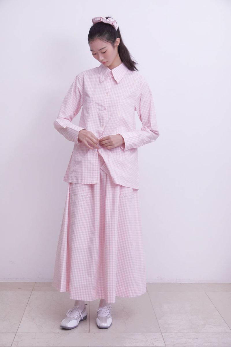 Gingham check pocket shirring Long skirt (PINK)