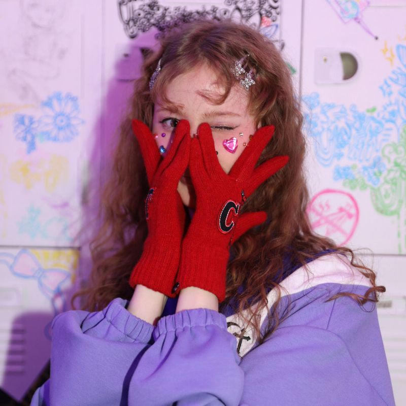 0 5 patch wool knit gloves - RED